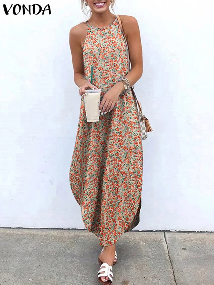 

VONDA Bohemian Maxi Dress 2025 Summer Robe Women Sexy Sleeveless Halter Dresses Asymmetrical Printed Long Beach Sundress