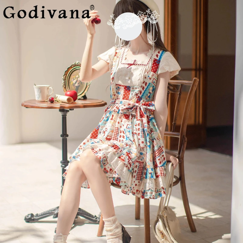 

Women's Original Lolita Dress Set Short Sleeve Retro Cute Shirt High Waist Strap Dress Suits Female Two Pieces Dress Outfits