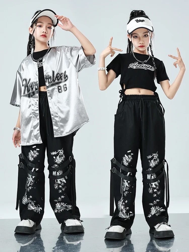 Roupas de dança hip hop para meninos e meninas, casaco prateado solto para adolescentes, calça hiphop preta fria, traje de palco tambor jazz, Rave BL12970, moda