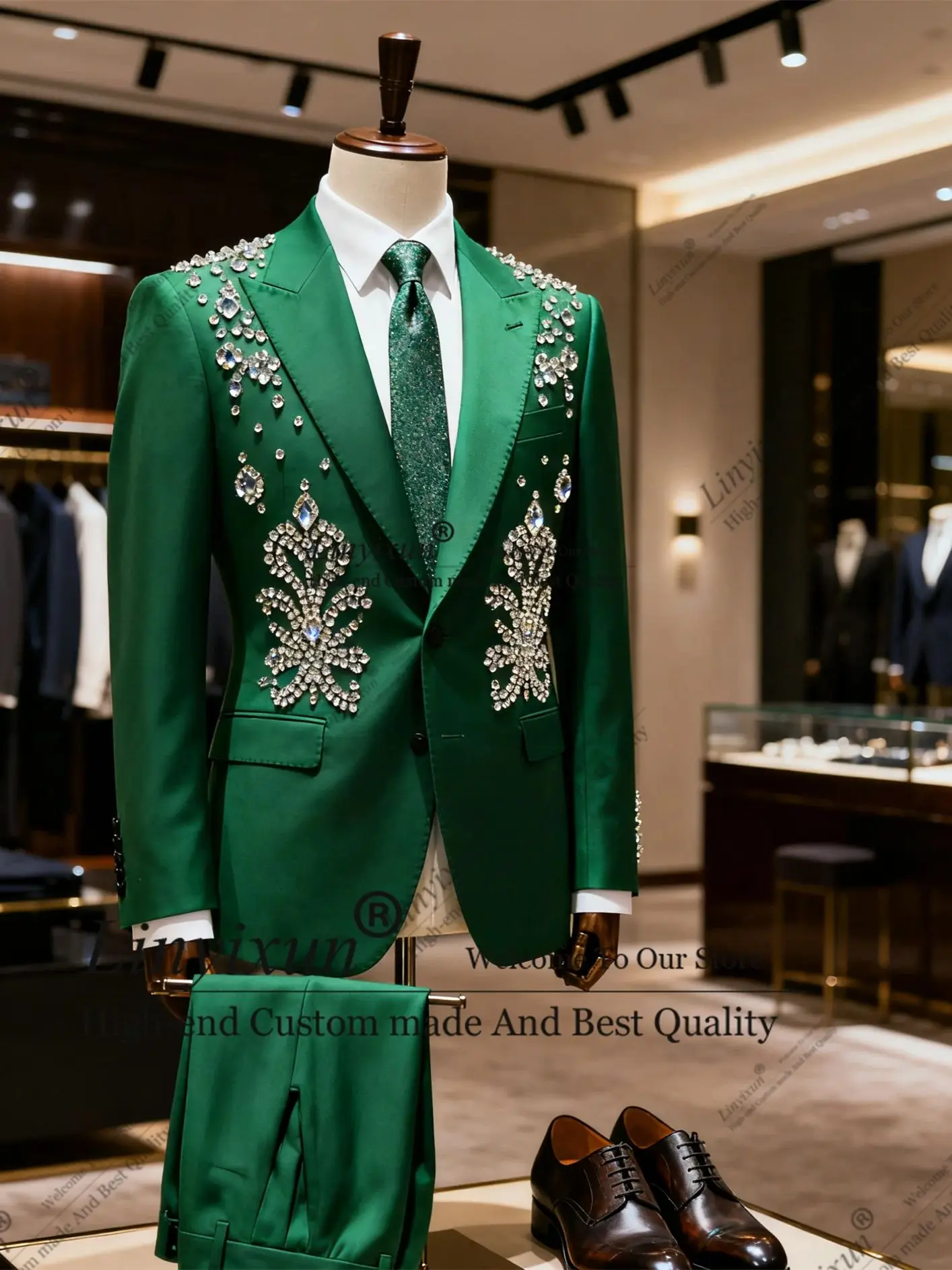 

Мужские костюмы-двойки для свадьбы, смокинг для жениха, элитные блейзеры с бисером, индивидуальный пошив, приталенный крой, костюм для выпускного вечера