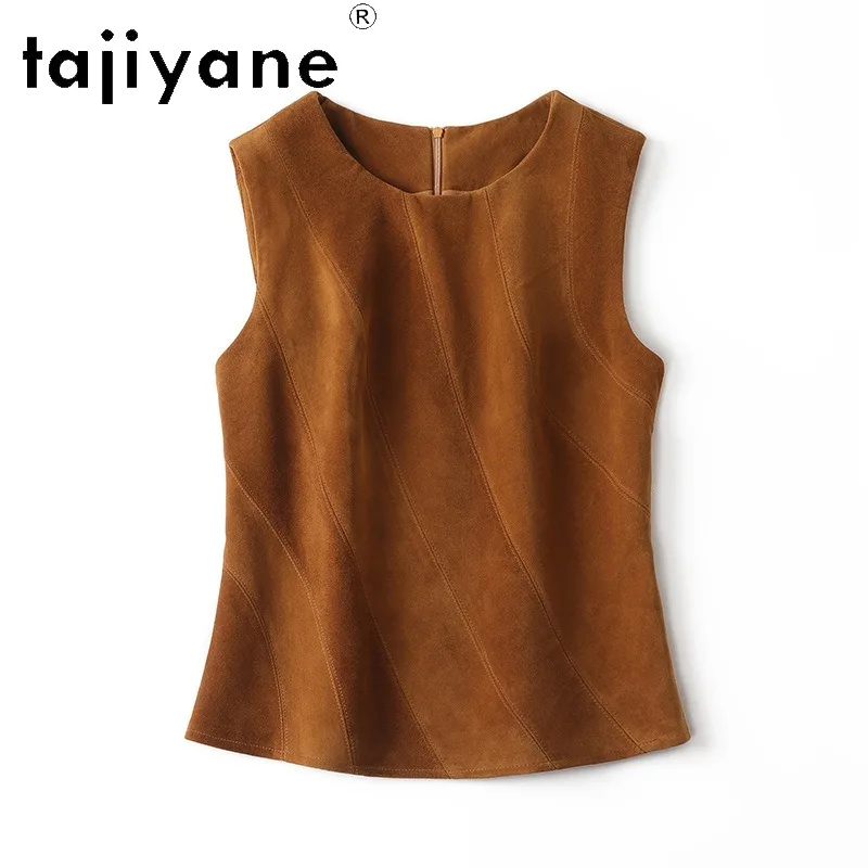 TAJIYANE Genuine Leather Jacket Women Suede Sheepskin Sleeveless Leather Slim Fit Waistcoat Round Neck Streetwear Veste Femme