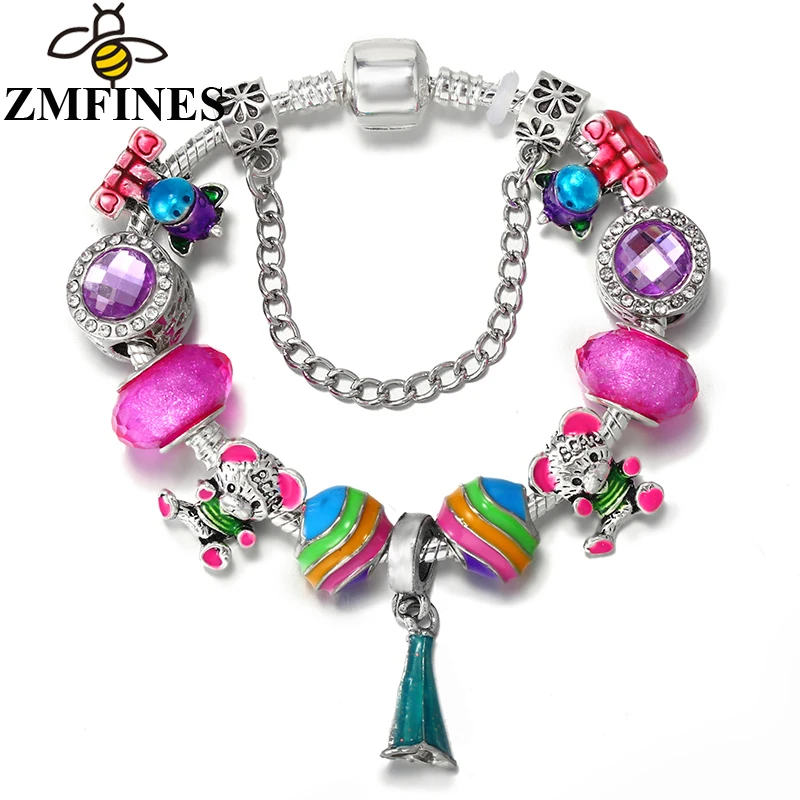 Fashion Colorful Cartoon Charms Bracelets For Women Children With Snake Chain Cute Little Bear Unicorn DIY Charms Beads Pendants