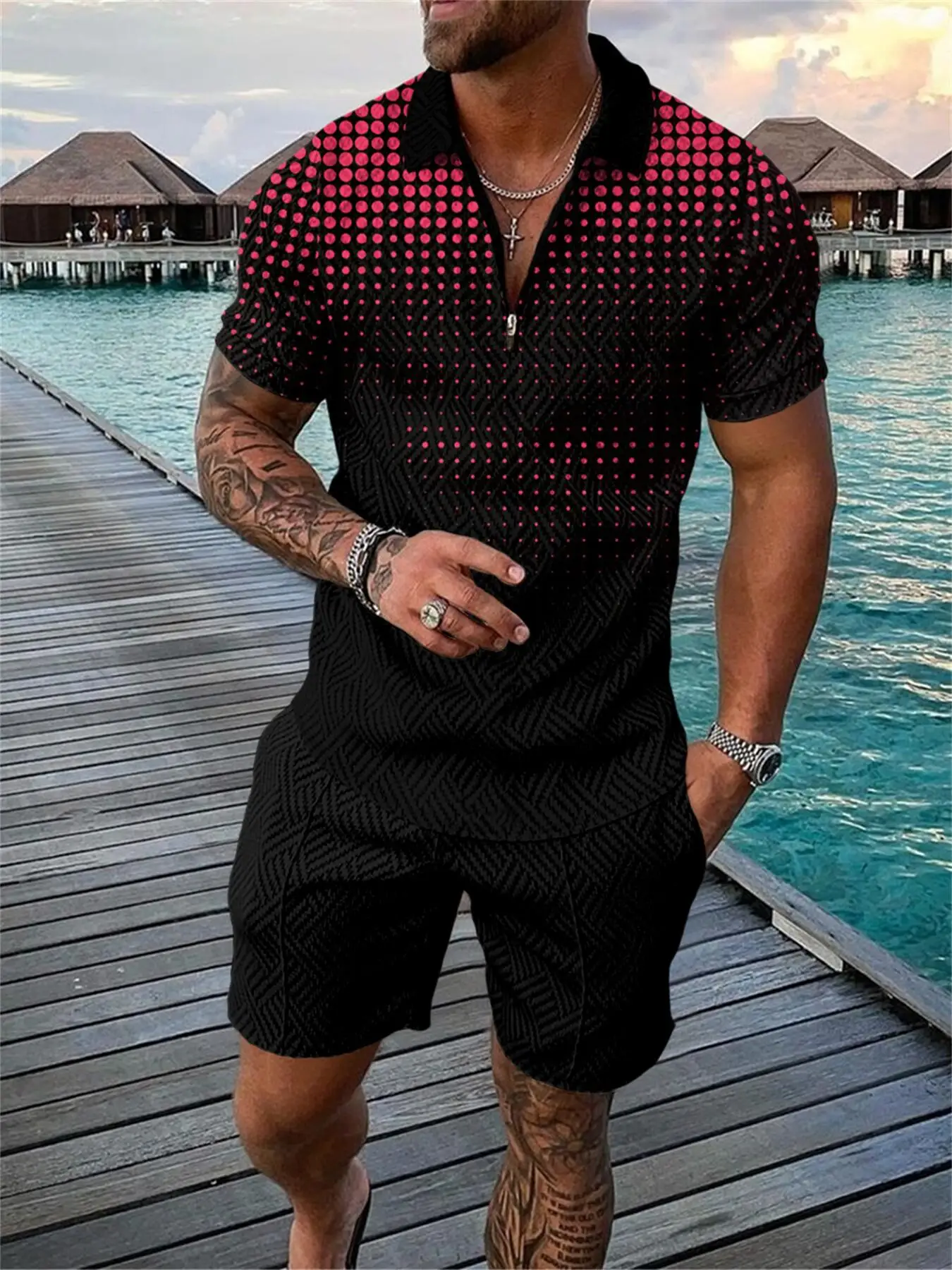 

Funny 3D Polka Dot Print Men's Short Sleeve Sets Fashion Zip Polo Shirt Shorts 2 Piece Outfit Summer Street Clothing Casual Suit