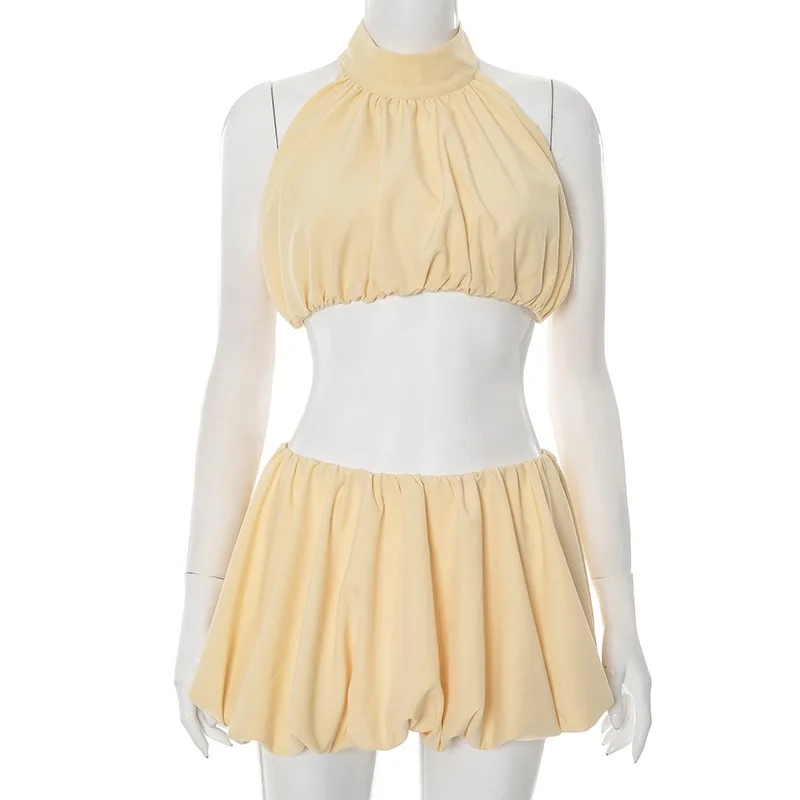 Women's Clothing 2-piece Set Summer New Arrivals Fashion Solid Halter Neck Backless Sexy Short Skirt Set Fashionable Comfortable