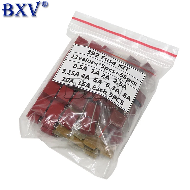 

55pcs/set Square Plastic Fuse Assortment Kit 392 0.5A 1A 2A 2.5A 3.15A 4A 5A 6.3A 8A 10A 15A 250V Fuses Slow Blow Tube Fuse BXV