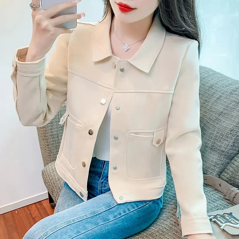 High Quality Suede Short Jacket Fr Women Spring 2024 Slim Fit And Slimming Motorcycle Suit Beige Jacket Top Pink Outwear Button