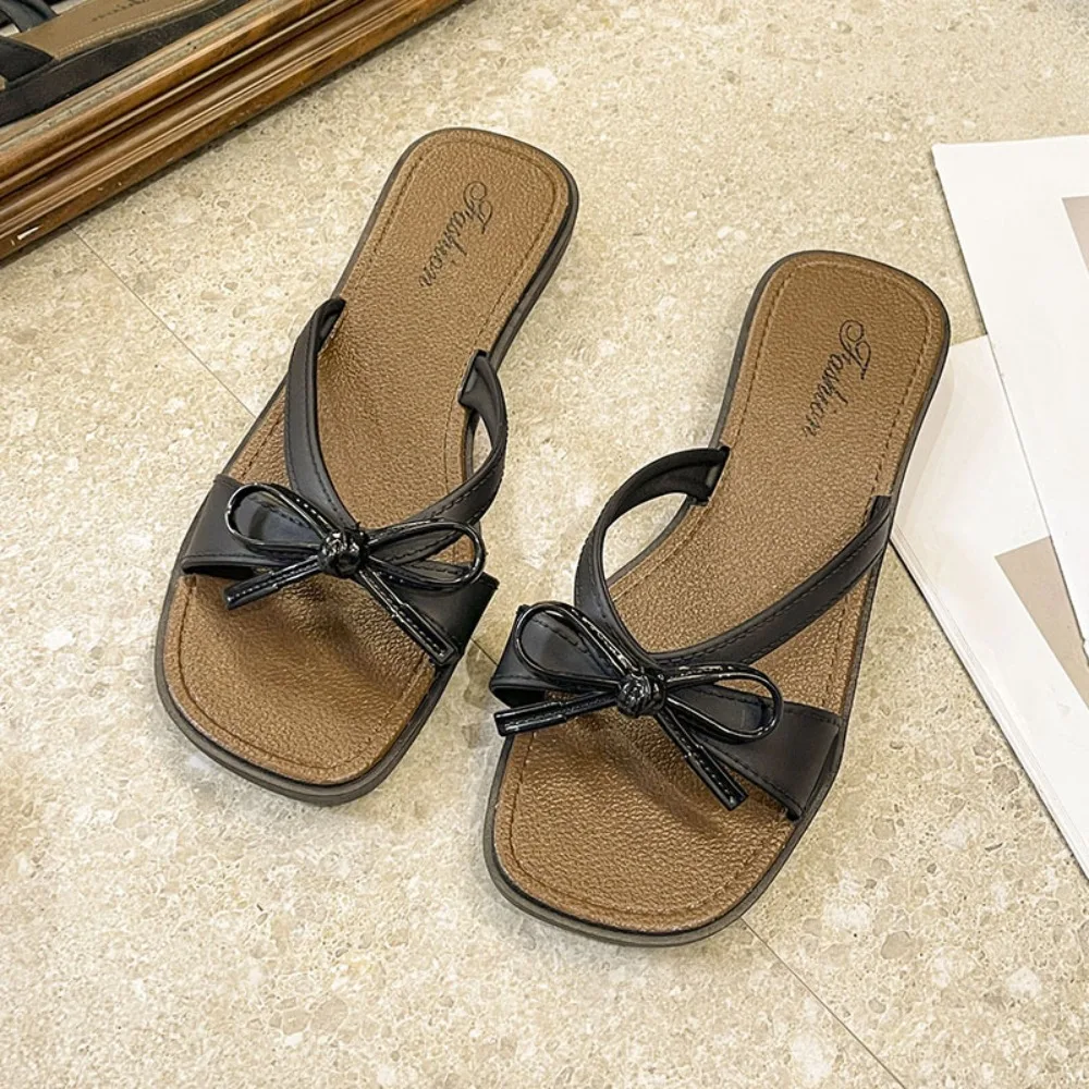 1 Pair Soft Sole Flat Sandals Open Toe Lightweight Women Bow Decor Flat Wear Resistant Cushioned Sandals Slip on Open