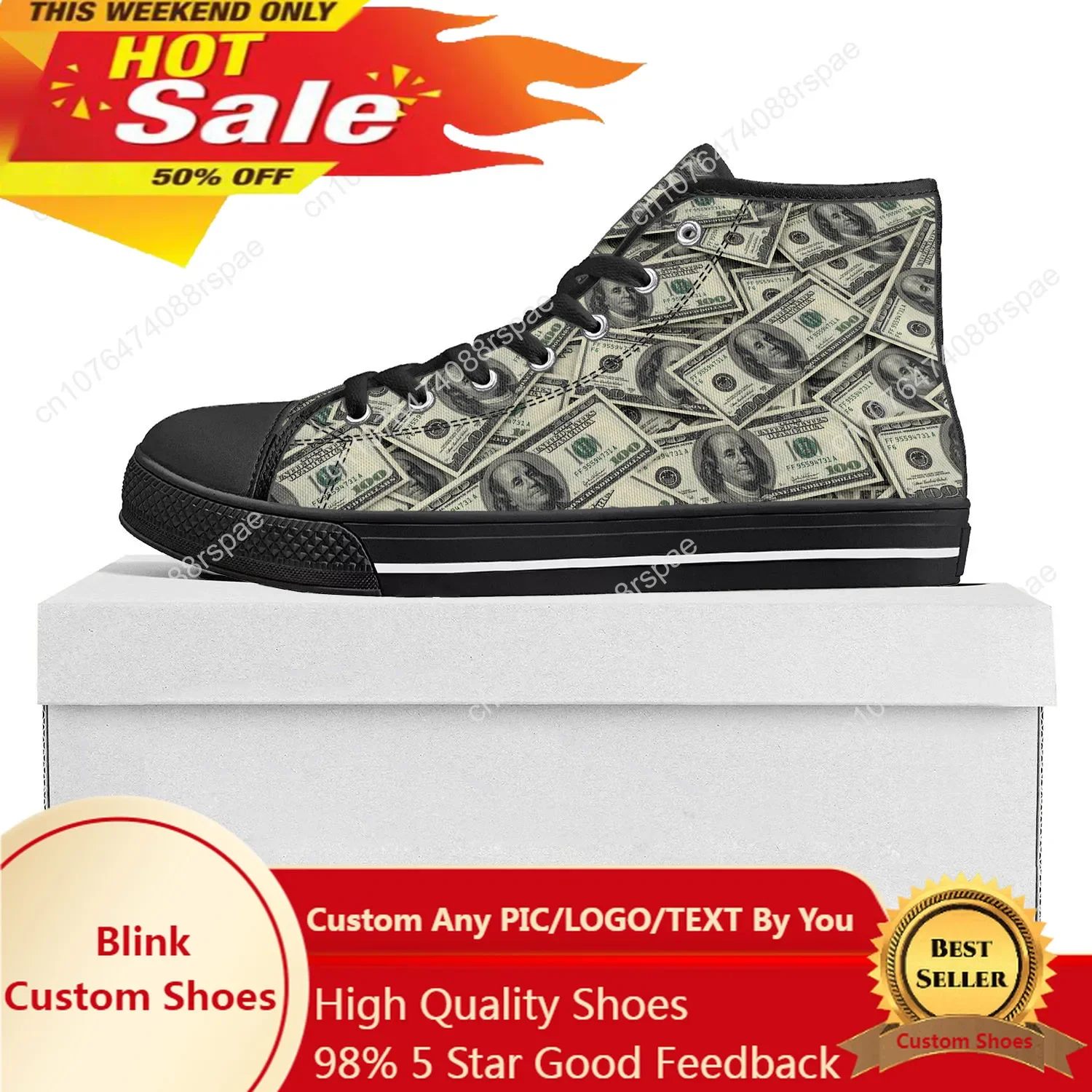 Zapatillas de lona con estampado de dólares para hombre y mujer, zapatos informales de alta calidad, personalizados, color negro