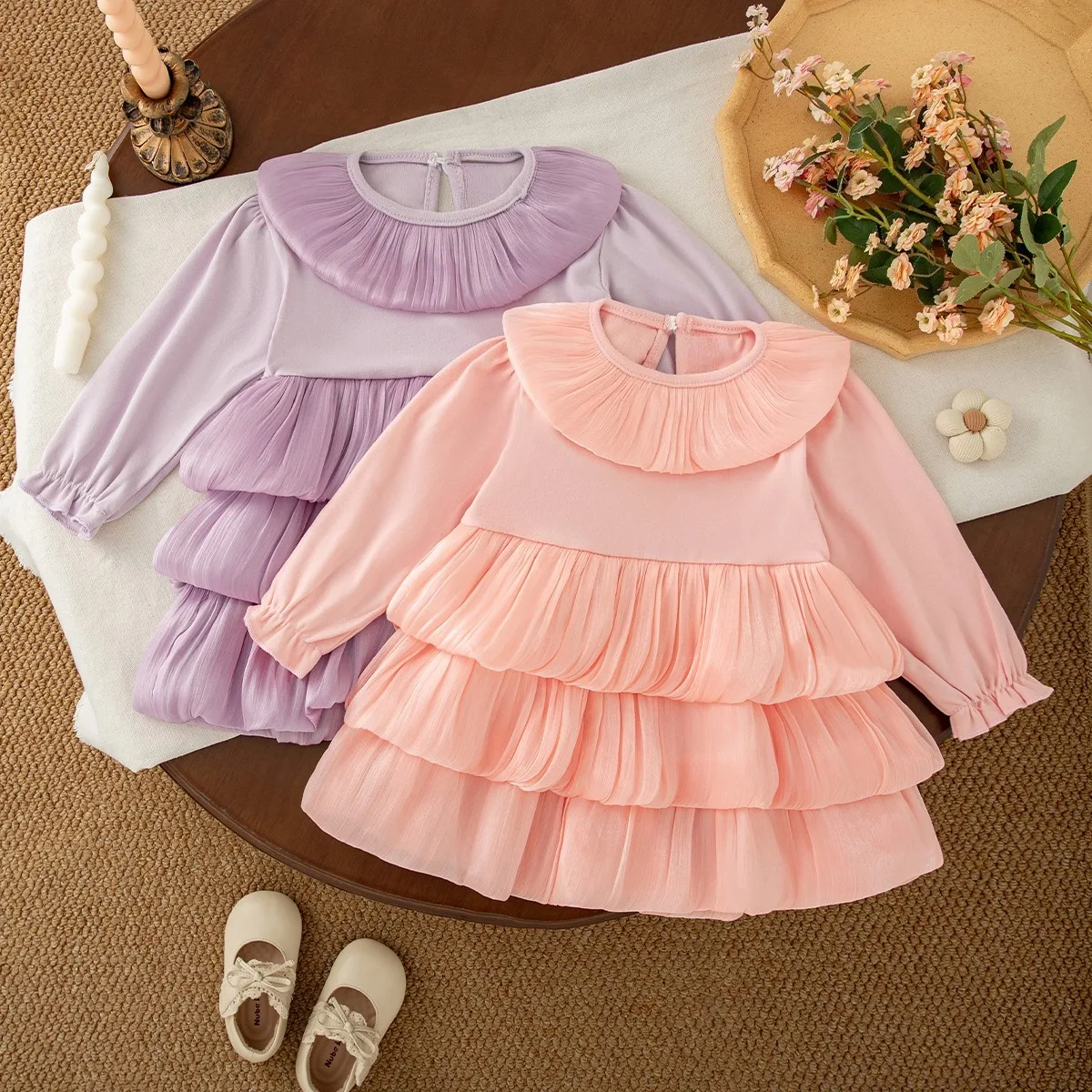 Baby Girl Dress Spring And Autumn Cotton Solid Color Multi Layer Long Sleeve Girls Dresses Sweet And Cute Baby Girl Clothing