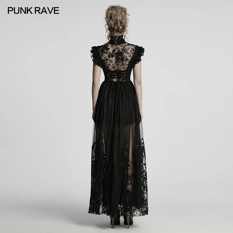 فاسق الهذيان المرأة القوطية منظور المخملية يتدفقون شبكة الساتان ليتل تحلق كم فستان أنيق أثيري حفلة فساتين طويلة