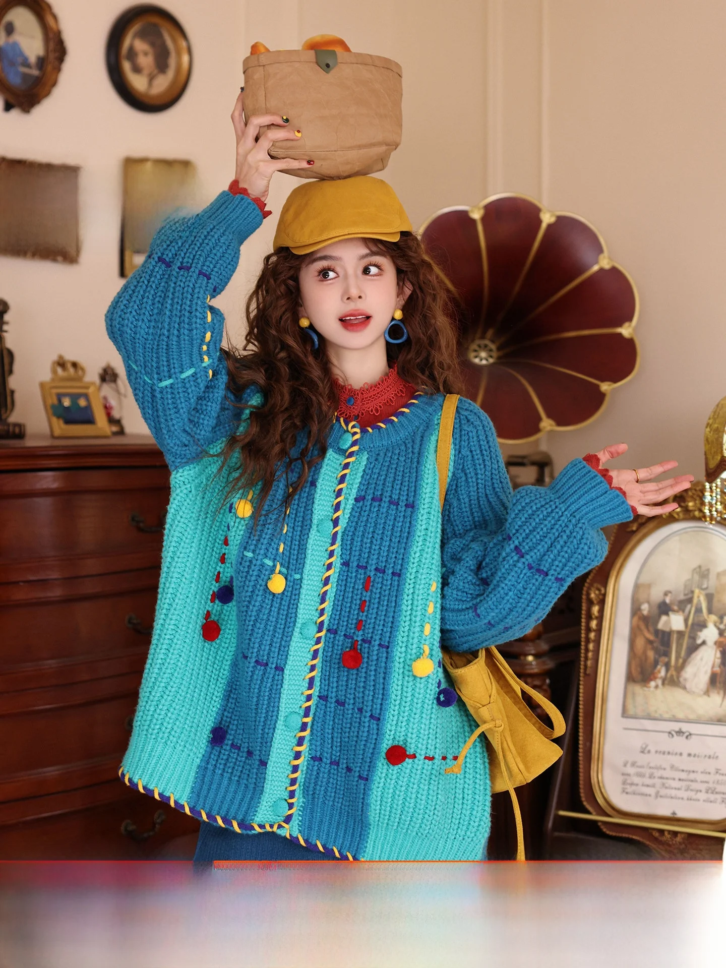 

Jiacheli Night Flight Map Knitted Sweater Women's Faion Versatile Loose Color Blo Design Knitwear Retro Sle Long Sve