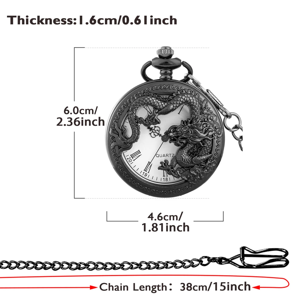 Antieke Zwarte Chinese Dragon Vintage Pocket Watch Romeinse Digitale Wijzerplaat Ketting Horloge Fobs En Kettingen Old Fashion Steampunk Horloge