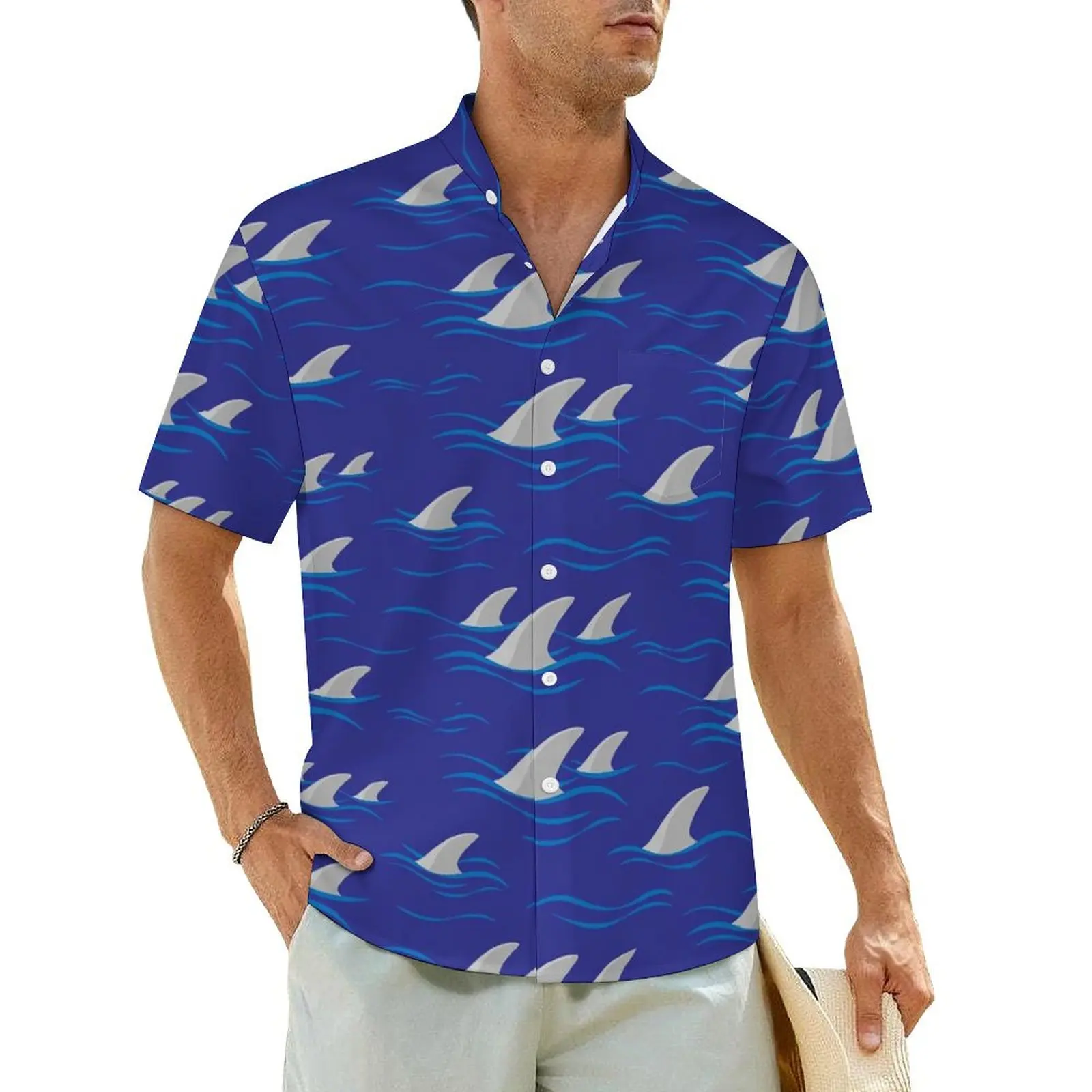 Shark Fin Silhouette And Waves Hawaiian Shirt Man Beach  Casual Shirts Short Sleeve Comfortable Design Elegant Plus Size Blouses