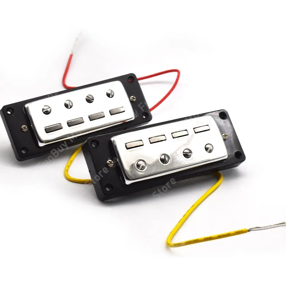 A Set of 2 Pcs 4 String Mini Electric Bass Pickups Humbucker Neck Bridge Pickup with Pickup Install Rings Chrome