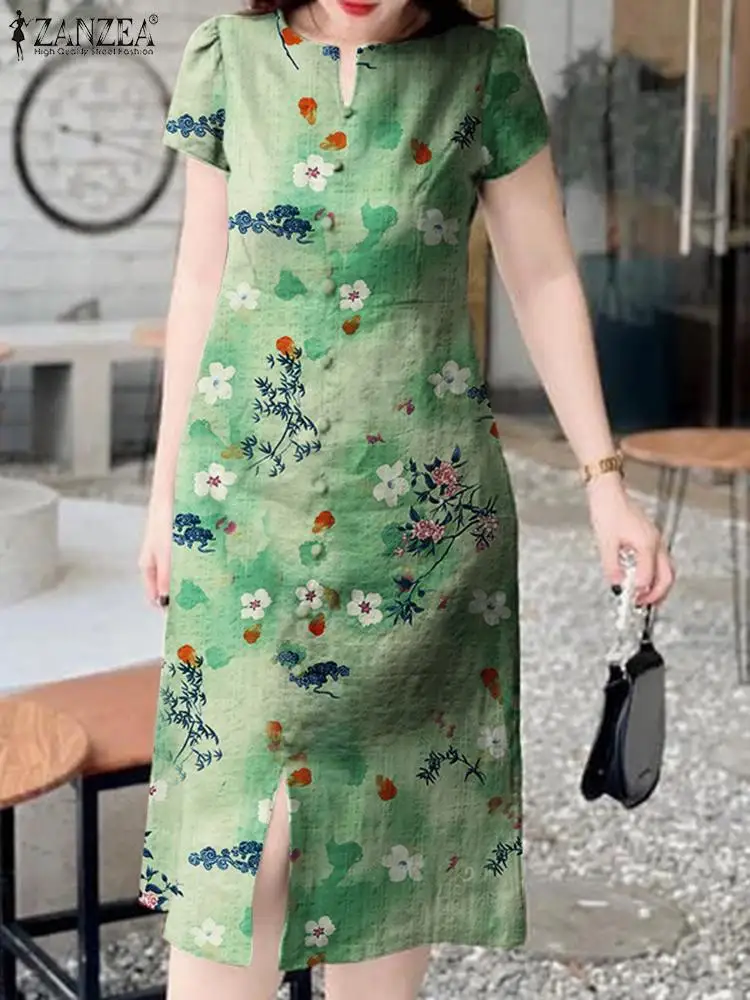 

Women Midi Dress Bohemian Floral Printed Long Sundress ZANZEA 2024 Summer Short Sleeve Vestidos Fashion Cotton Split Dresses