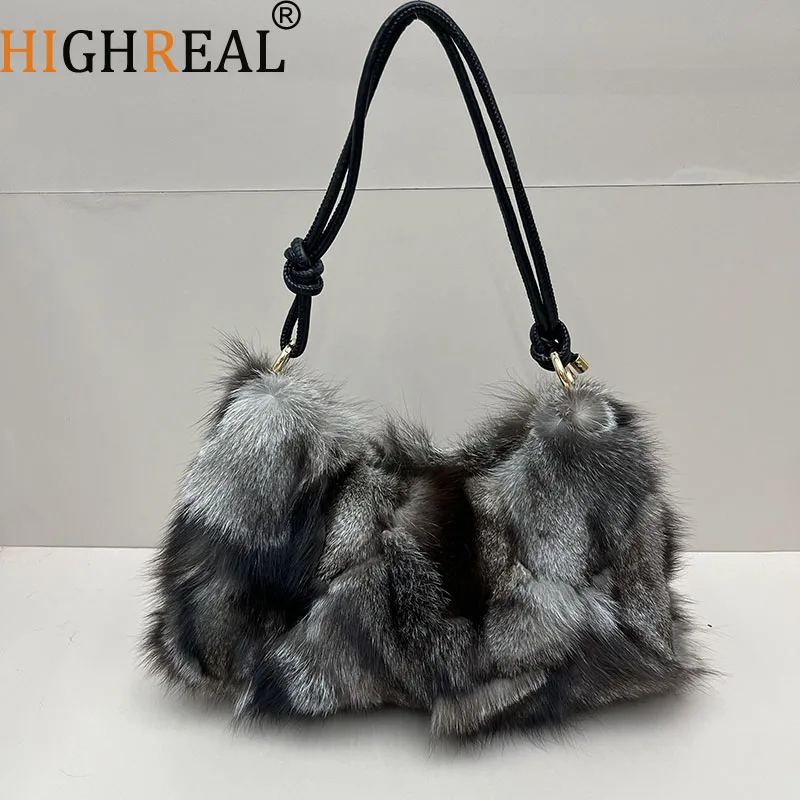 New Winter Ladies Warm Shoulder Bags Luxury Real Fox Fur Women Messenger Bag Designer Fur Tote Bag Evening Party Clutch Bag
