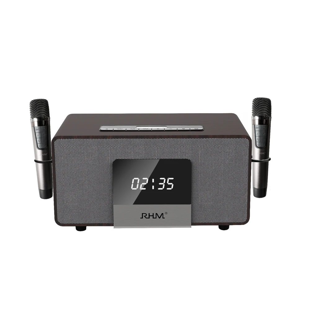 

RHM K222 Wireless BT Karaoke Subwoofer Speaker Two Microphones Mini Design Wood Material DC Power Personal Remote Control Box