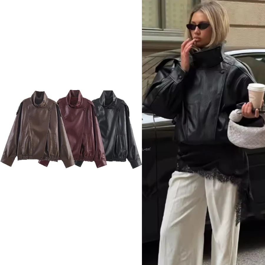 Jaqueta de Couro Sintético para Mulheres, Roupas Femininas, Nova Coleção de Primavera, Casacos Curtos com Zíper e Bolsos, Estilo Street Chic