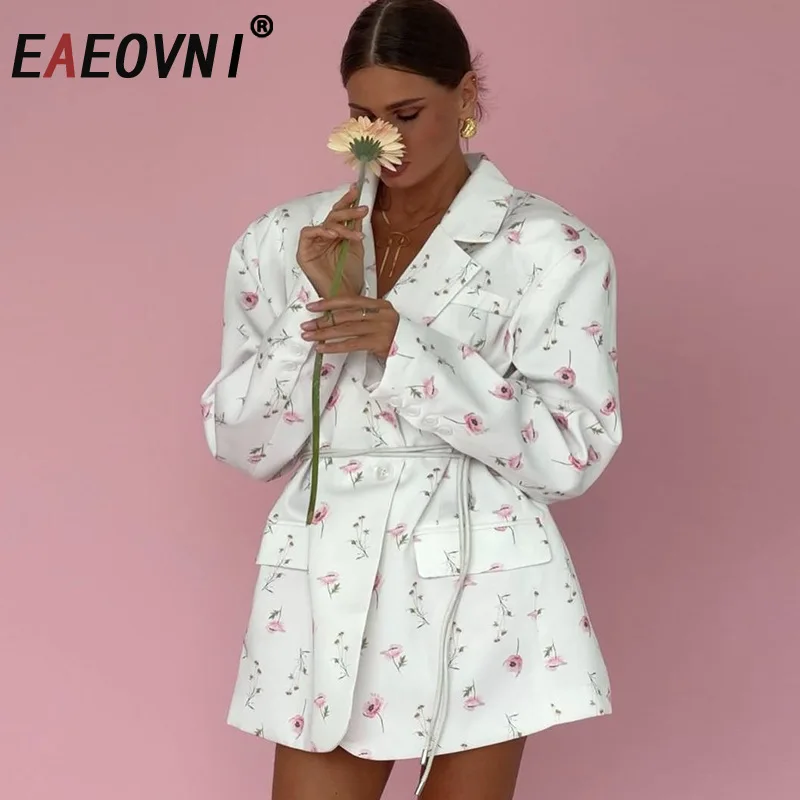 

EAEOVNI элегантный пиджак с цветочным принтом, женское модное пальто с зубчатым воротником на шнуровке, куртка на пуговицах на талии, верхняя одежда 2025
