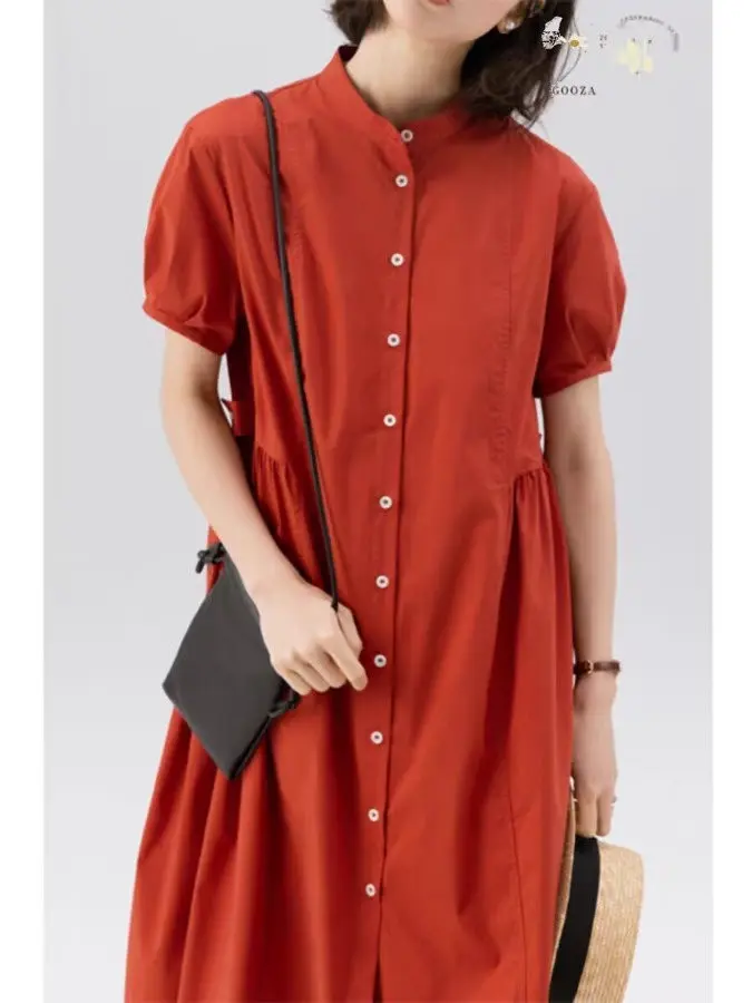 

Ele Summer irt Dr Casual Loose Comfortable Artistic Vintage Sle ort Sve Mid-Length Single Button Closure