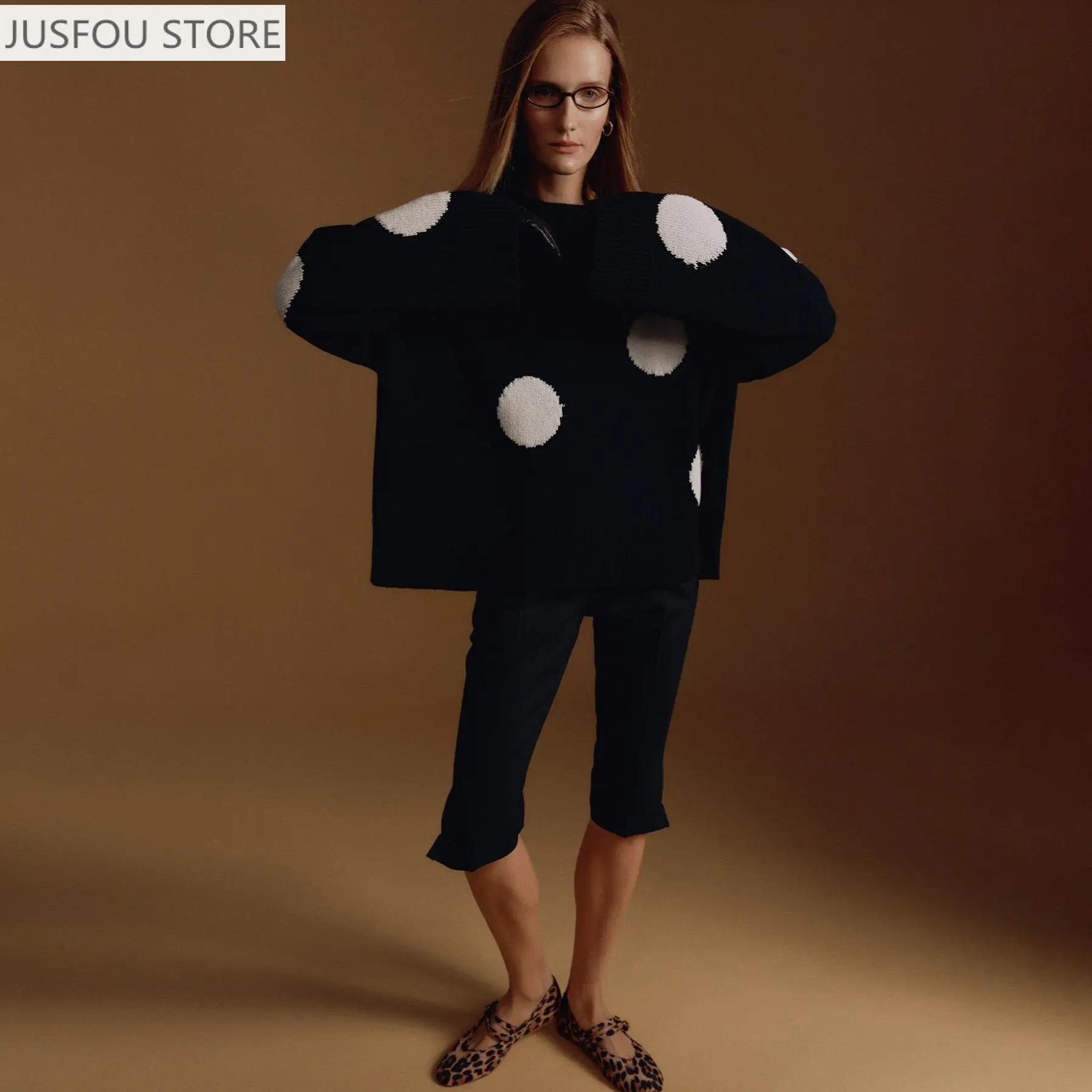 

Осенний модный пуловер с круглым вырезом в горошек, женский свободный и шикарный свитер, вязаная нижняя рубашка, топ