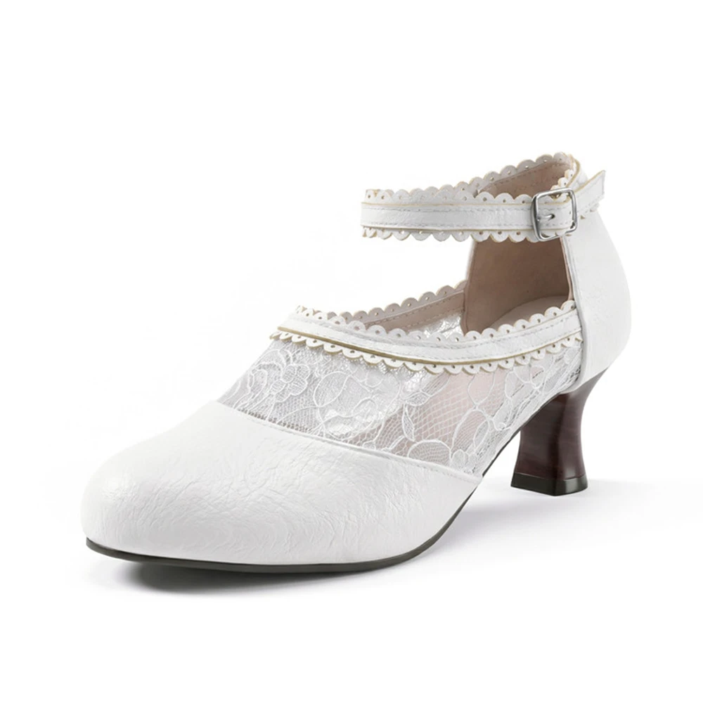 

2026 Spring New Shallow Lace Patchwork with Buckle Retro Women's Shoes Fashion Round Toe Kittle Heel Big Size 49 50 38-17