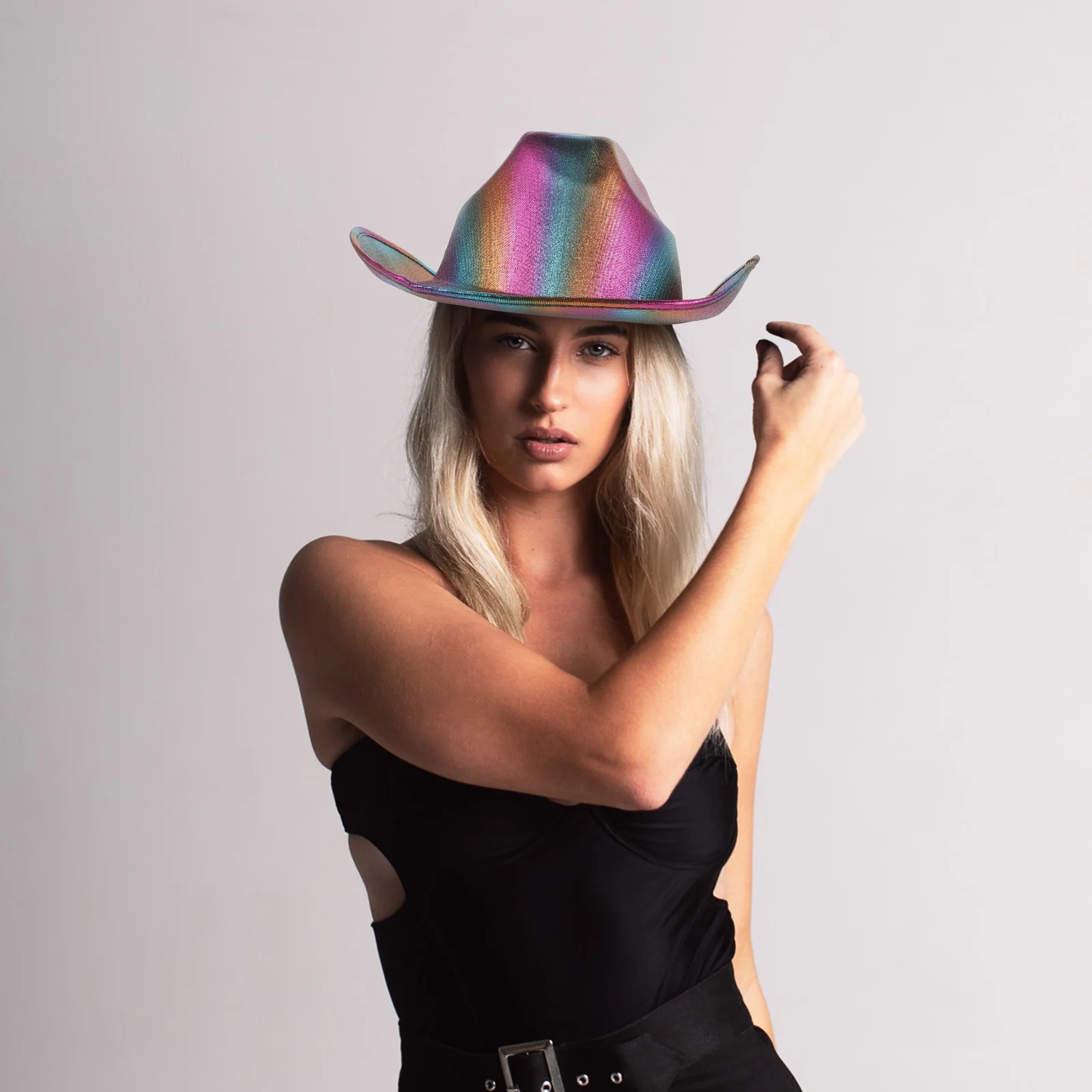 

Rainbow Cowgirl Hat Sparkly Cloth Party Cosplay Umbrella Hat Adult Adjustable Comfortable Gold Foil Texture Disco Hats For