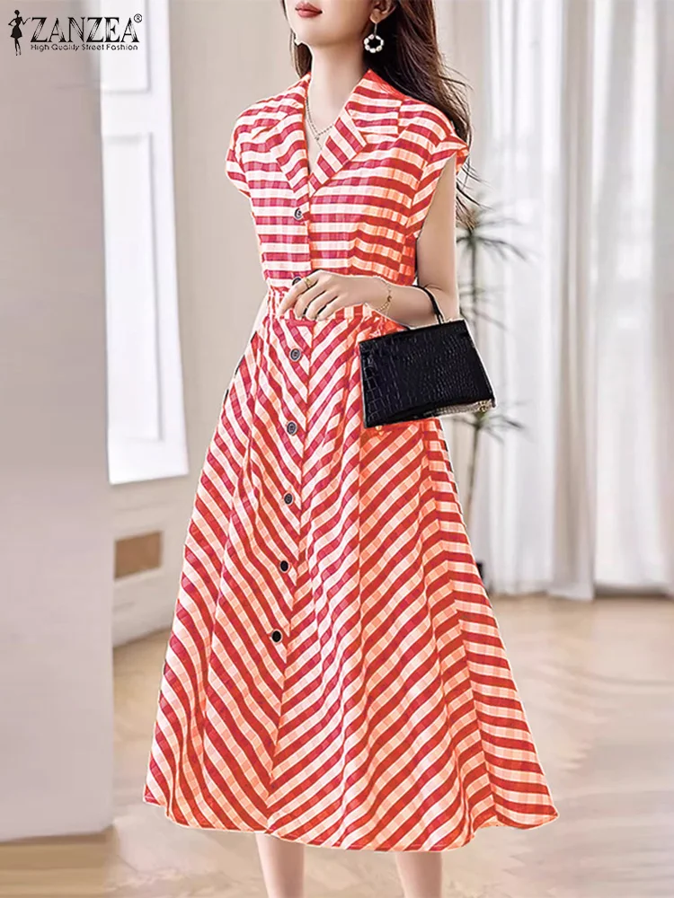 ZANZEA Frauen Koreanische Arbeit A-line Midi Kleid Mode Büro Streifen Hemd Kleid 2024 Sommer Elegante Revers Sammeln Taille Vestidos