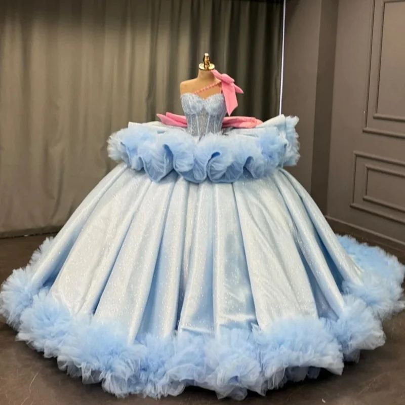 

Light Blue Quinceanera Dresses Off the Shoulder Glitter Decal Lace Ruffles Long tail Bow Vestido e 15 Quinceanera Customize