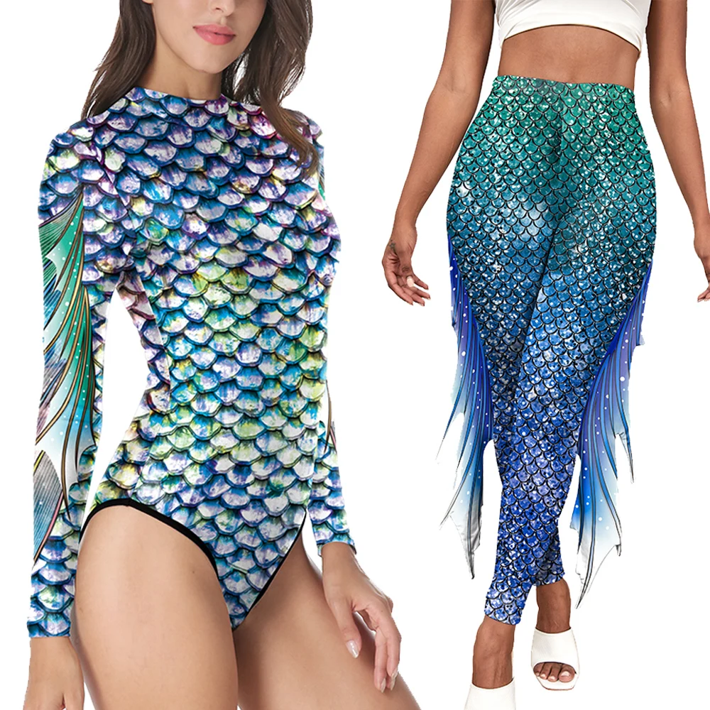 Nadanbao Womens Mermaid Two-Piece Suit Chroma Fish Scale Print Cosplay Costume Long Sleeves Bodysuits with Stretch Yoga Pants