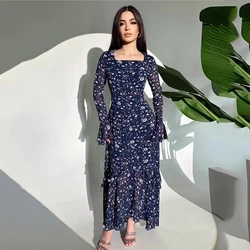 Women's High Waist Slim Maxi Dress Elegant Fresh Sweet Printed Chiffon Dress Asymmetrical Layered Lotus Sleeve Tie Dresses