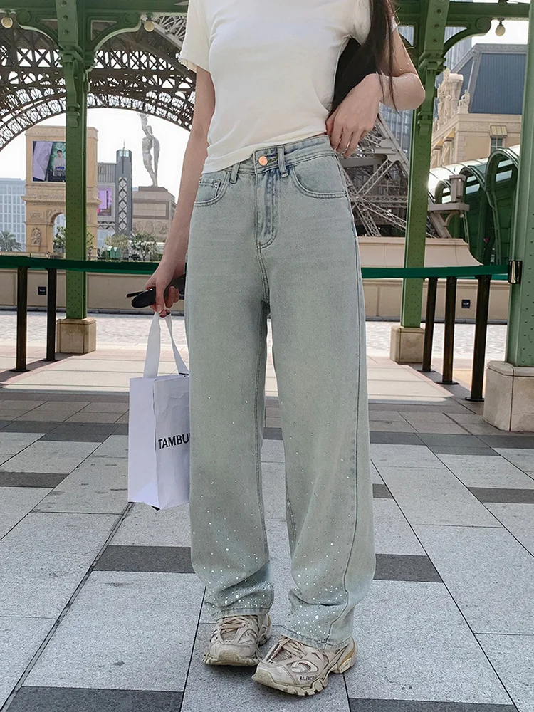 

Slergiri Y2k Vintage Hot Diamond Baggy Jeans Women Streetwear Casual Washed High Waisted Loose Straight Long Trousers 2024 New