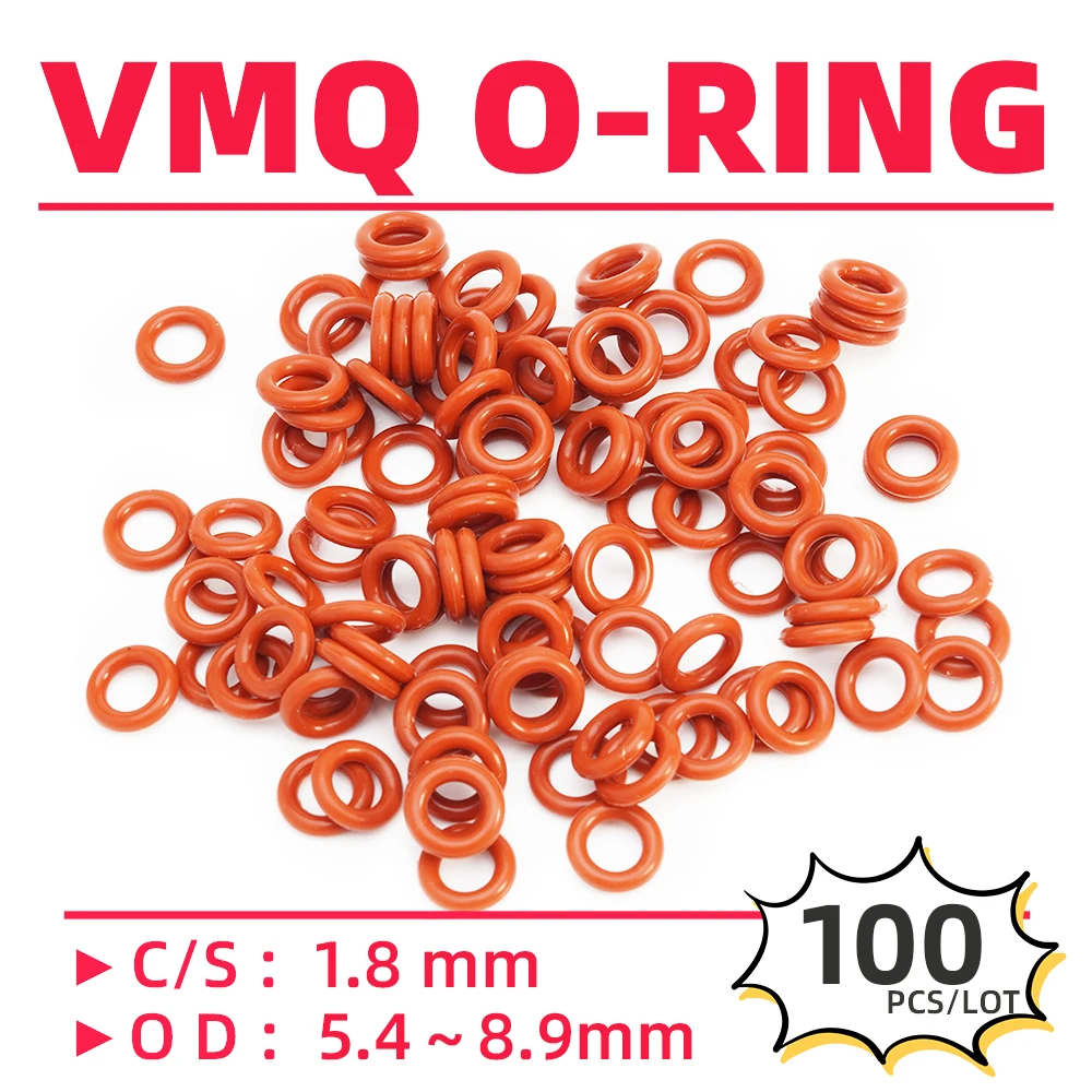 

100PCS/Lot Rubber Red VMQ CS1.8 mm OD 5.4/5.6/5.84/6.1/6.4/6.6/6.75/7.15/7.35/7.6/8.1 mm O Ring Gasket Oil Resistant Waterproof