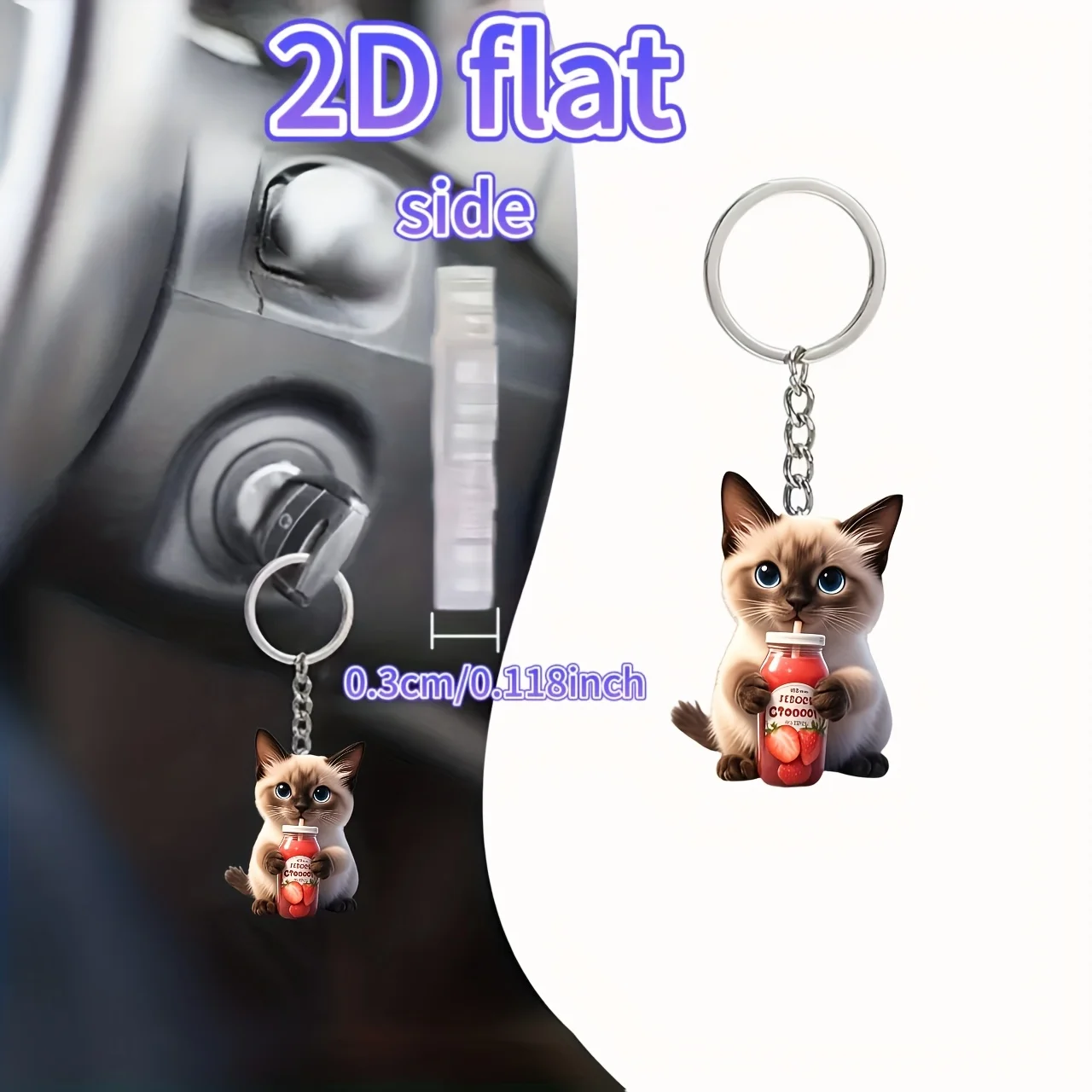 Cute 2D Siamese Cat Keychain Acrylic Kitten Backpack Car Interior Decorations Ornaments Gift for Women Lady Party Car Key Decor