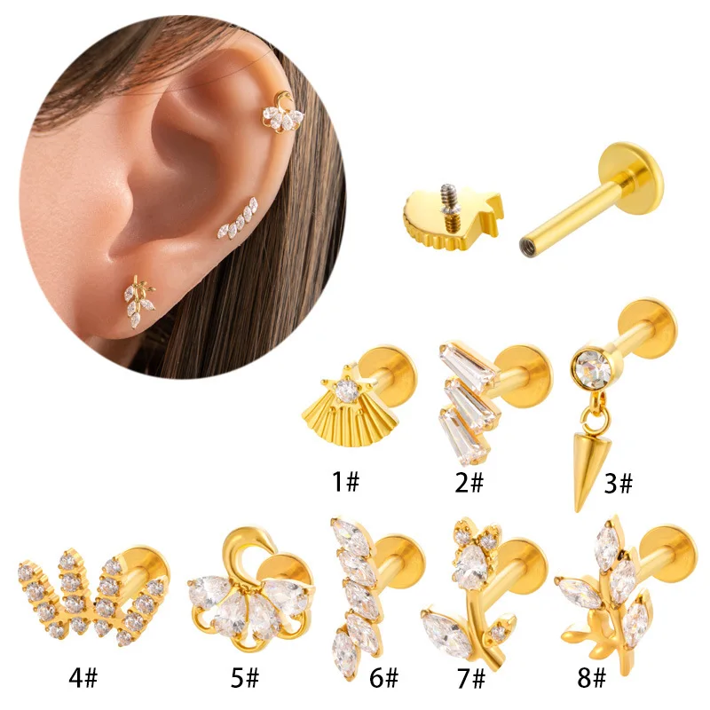 1 peça g23 piercing de titânio labret studs flor folha cz rosca interna brinco labial helix concha cartilagem tragus joias corporais