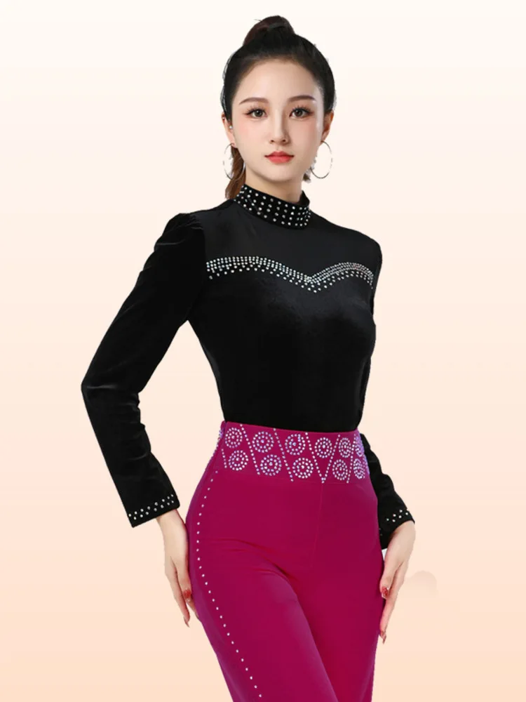 

Velvet Ballroom Standard Girl Tops Dancewear Classical Dance Rhinestones Waltz Wear Luxury Latin Women Slim Fit Jazz Pants