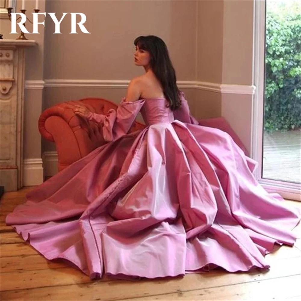 RFYR Pink Prom Dresses Strapless A-Line Evening Dresses Off The Shoulder Plaets Satin Party Dress Vestidos De Noche  Customized