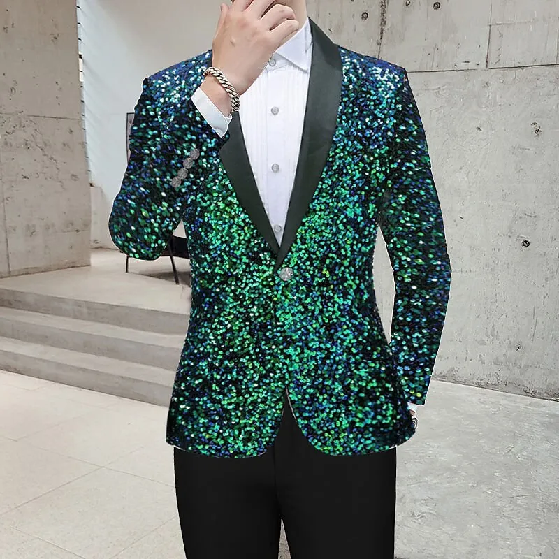 

Luxury Men's Long-sleeve Suit Jacket, Perfect for Weddings, Parties, and Stage Performances; Blue, Gold, Red, Silver, Green Coat