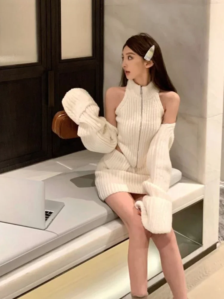 Elegant Knitted Clothing 3 Piece Set Casual Short Cardigan + Slim Vest + Sexy Y2k Mini Skirt Korean Fashion Suit 2024 Winter