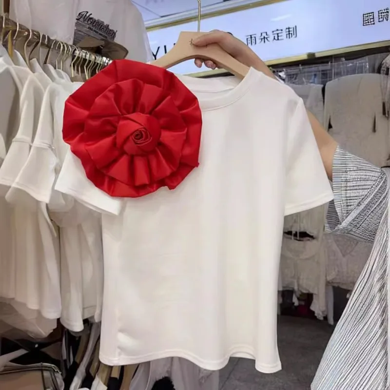 OCEANLOVE 3D Flowers T Shirt for Women Contrast Color Spring Summer Vintage Ropa De Mujer Ins Fashion Elegant Sweet Tees