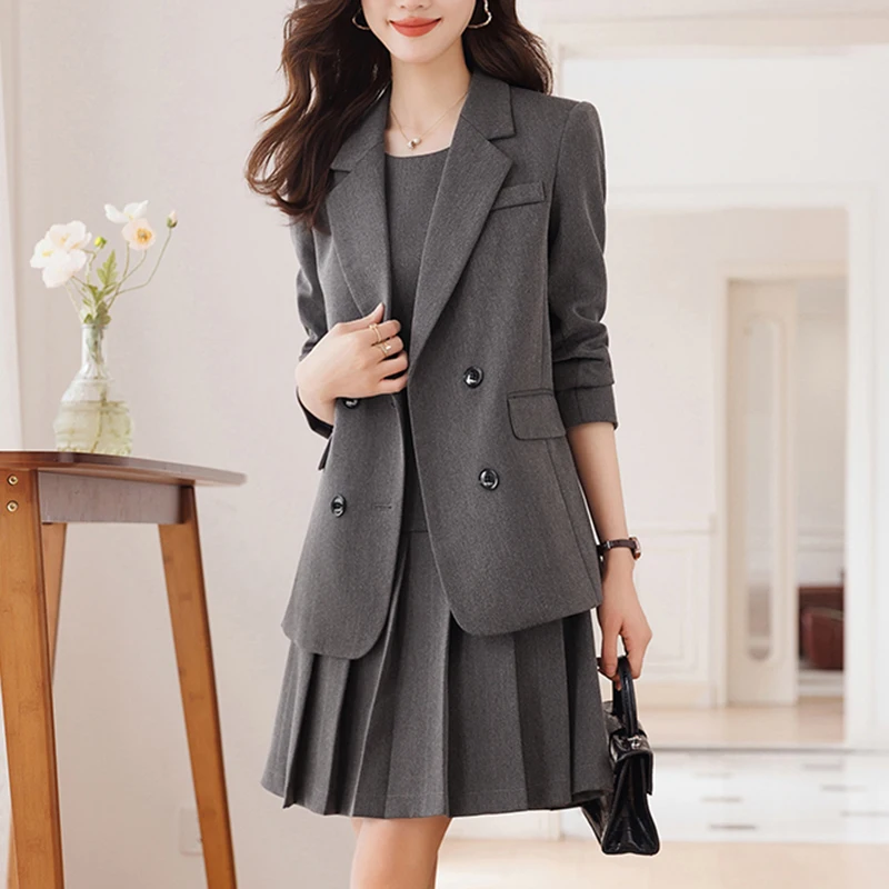 ZJYT Autumn Elegant Office Lady Double Breasted Blazer+Tank Dress Two Pieces Suits Outfit Women Plus Size Clothing Vestidos New