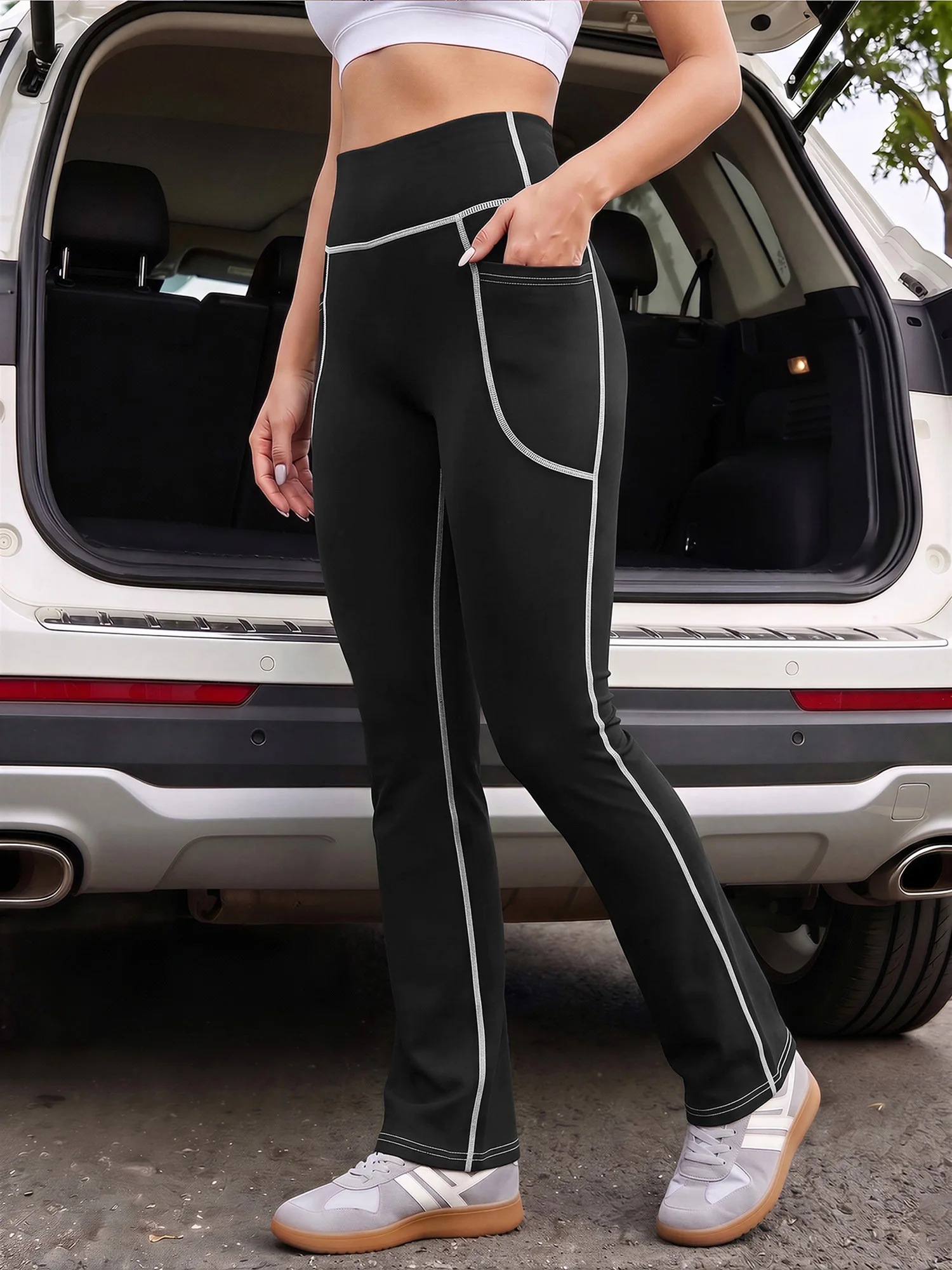 Soft Elastic Flare Bootcut Long Pants Contrast White Line Decor High Waist Side Phone Pocket Slim Daily Pants