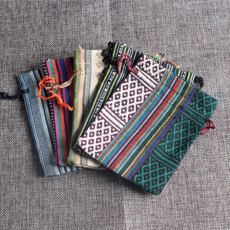 New 50pcs/lot Ethnic wind cotton bags 9x13cm Colorful Stripe Candy Gifts Jewelry Packaging Bags Cute Cotton Drawstring Gift Bag