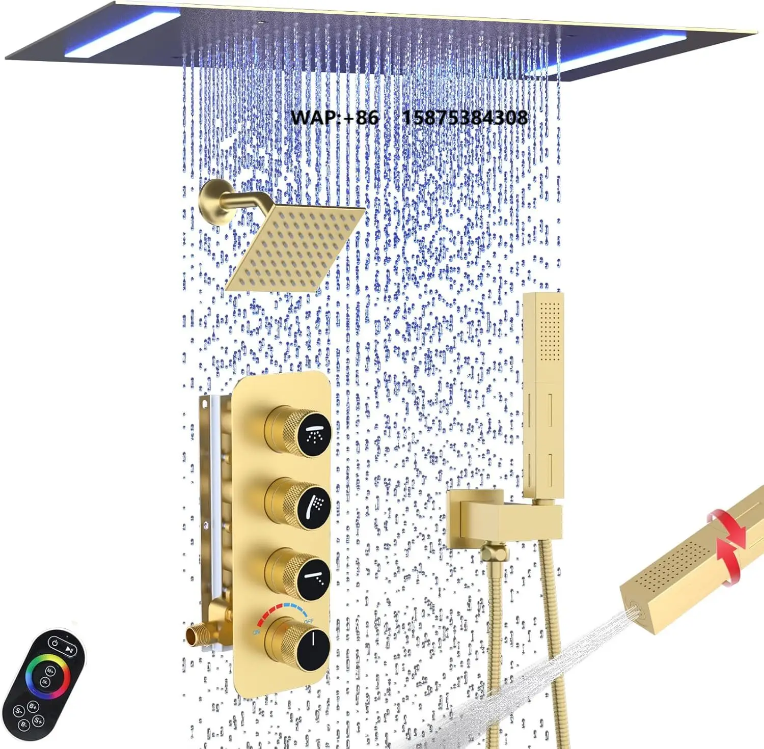 Brushed Gold 14x20 Inch LED Rain Shower Head 6 Inch Wall Head 2-in-1 Handheld Faucet Set All Functions Work Dual Shower Head