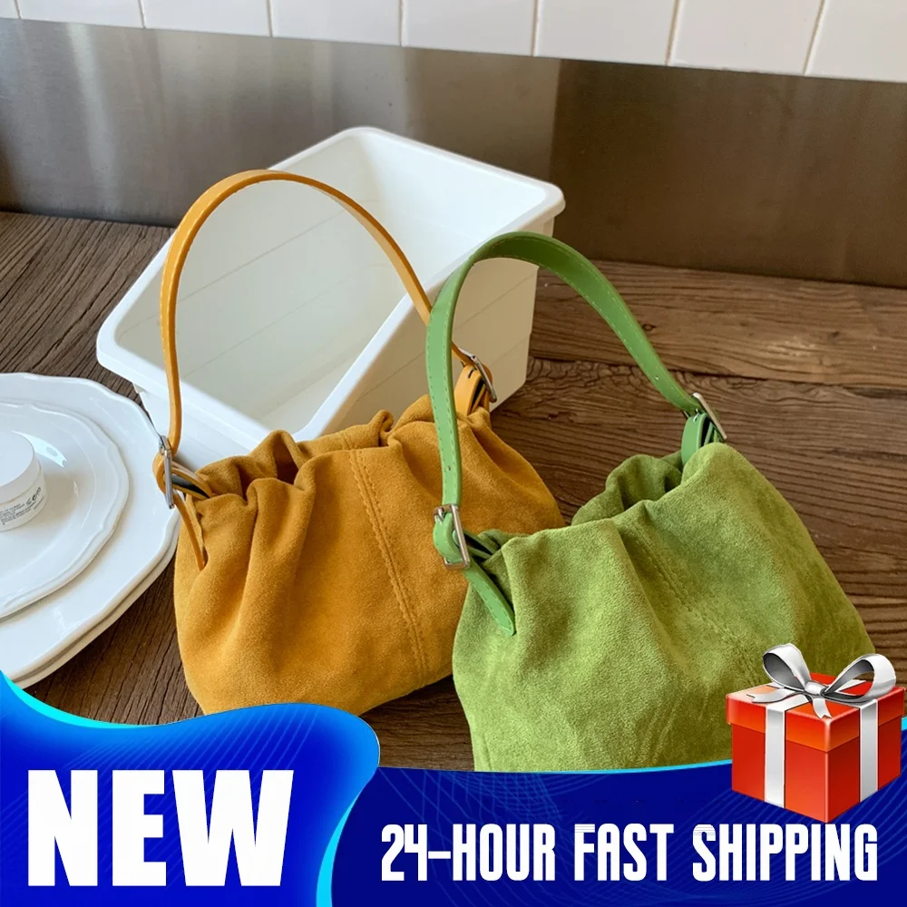 Women Faux Suede Crossbody Bag with Adjustable Strap Drawstring Top Handle Bag Shoulder Handbags for Travel Winter Fall