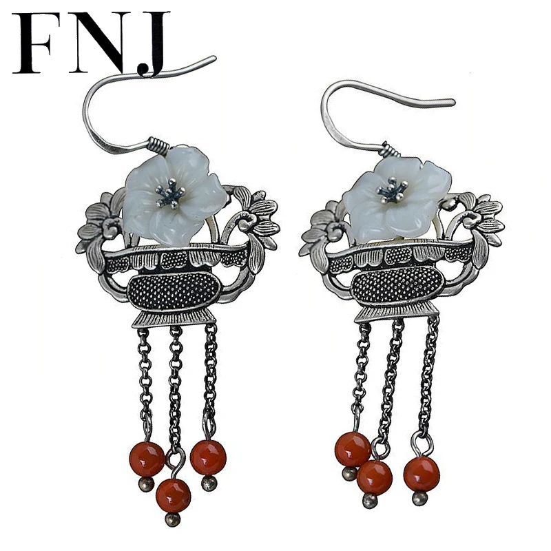 

FNJ 925 Silver Tassel Red Agate Earrings for Women Jewelry 100% S925 Sterling Silver Drop Earring Hetian Jade