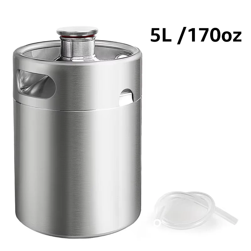 Mini Barril de Cerveja Artesanal 5L, Growler de Aço Inoxidável 304 de 128oz com Mangueira de Silicone de 30cm, para Armazenamento e Carbonatação de Cerveja