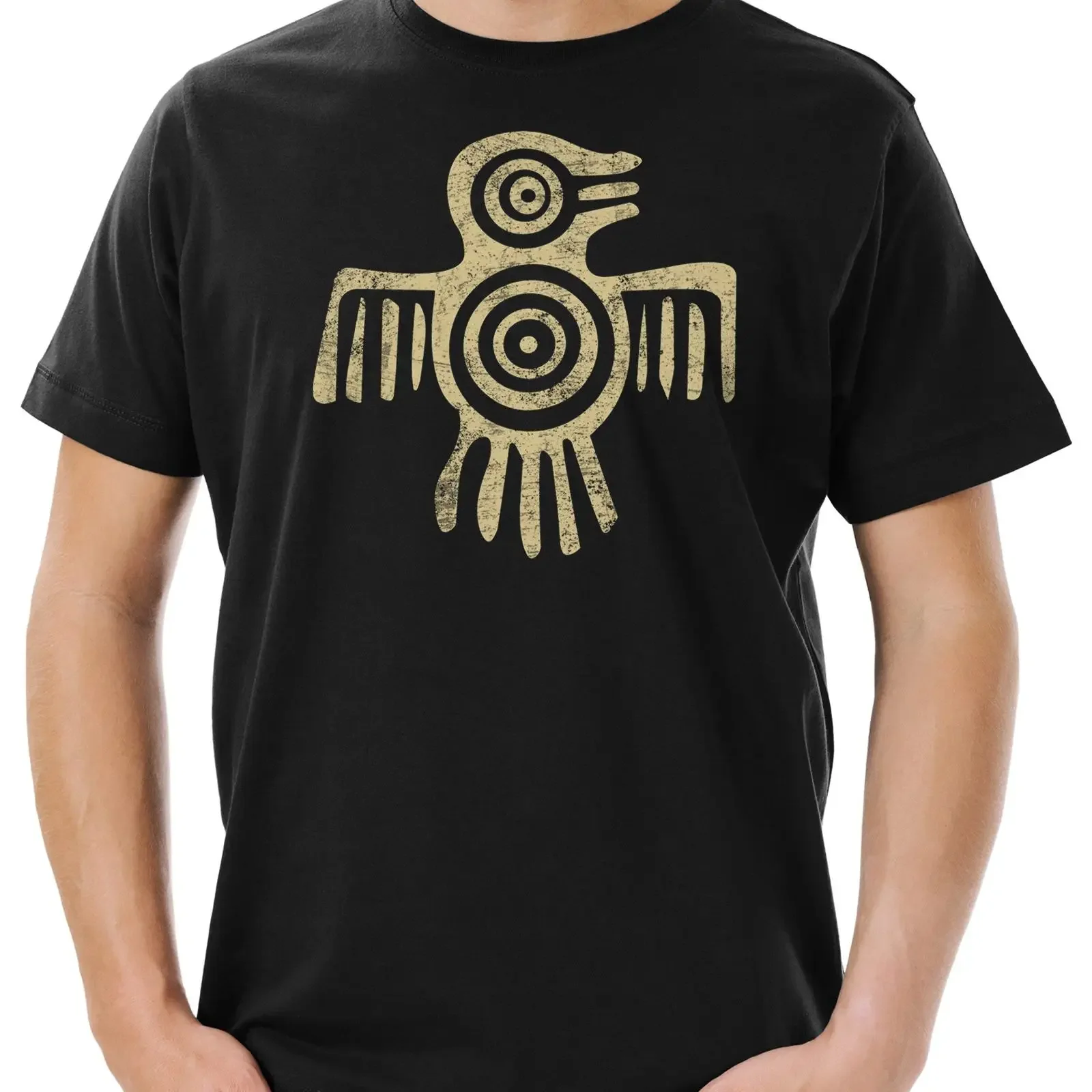 Urban Backwoods Men's Aztec Bird Print T Shirt Native Indian American Maya Sign Vintage Black Casual  vintage Washed Breathable