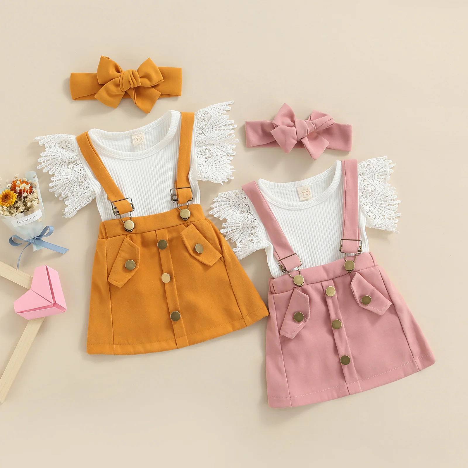 Infant Baby Girls Summer Outfit Sets White Flying Sleeve Ribbed Romper + Solid Color Suspender Skirt + Headband