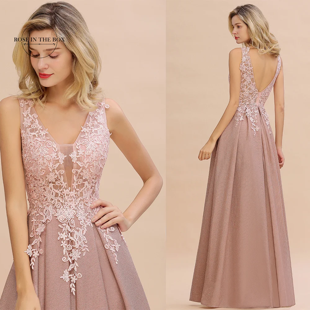 Dusty Pink Long Lace Bridesmaid Dresses for Women Party Elegant V-neck Lace Appqulies Beads A-Line Maxi Floor Length Gown